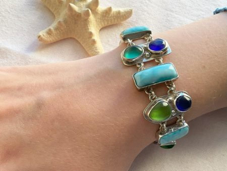 Larimar, Cobalt, Green Sea Glass & Sterling Silver Bracelet Discount