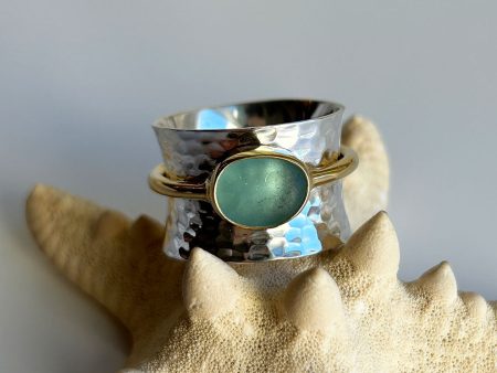 Genuine Green Sea Glass, Gold, & Sterling Silver Spinner Ring Hot on Sale