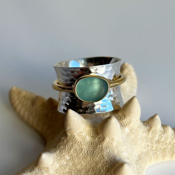 Genuine Green Sea Glass, Gold, & Sterling Silver Spinner Ring Hot on Sale