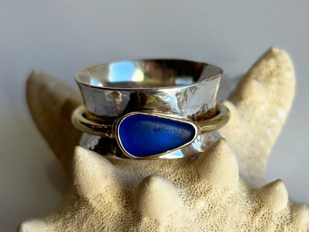 Genuine Cobalt Sea Glass, Gold, & Sterling Silver Spinner Ring Online Hot Sale