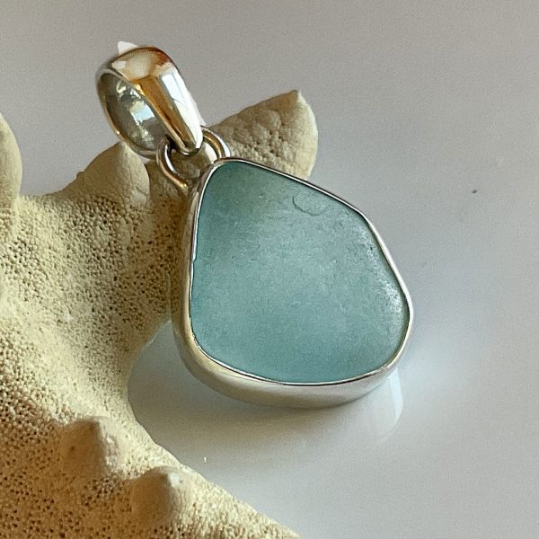 Aqua Sea Glass and Sterling Silver Pendant For Sale