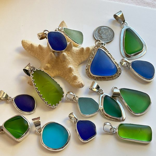 Cornflower Sea Glass and Sterling Silver Pendant Made in MA Cheap