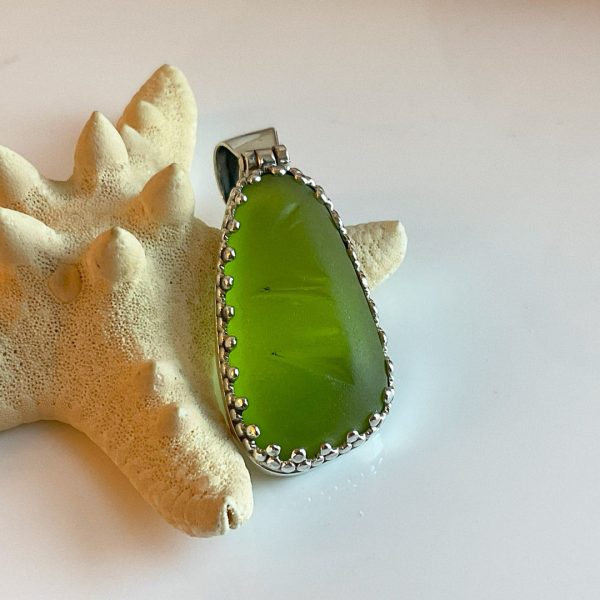 Chartreuse Collectors Green Sea Glass and Sterling Silver Pendant For Discount