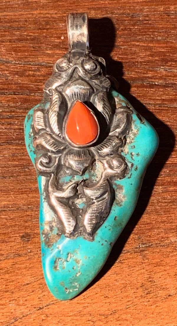 Raw Turquoise and Coral Pendant Discount