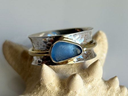 Genuine Blue Sea Glass, Gold, & Sterling Silver Spinner Ring Supply