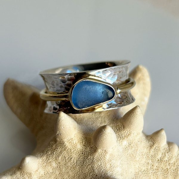 Genuine Blue Sea Glass, Gold, & Sterling Silver Spinner Ring Supply