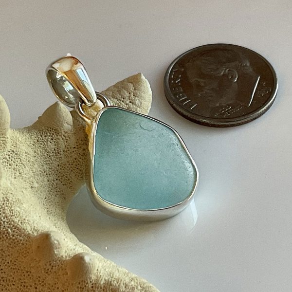 Aqua Sea Glass and Sterling Silver Pendant For Sale