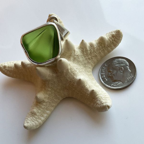 Green Sea Glass and Sterling Silver Pendant (Unusual Rivets) Cheap