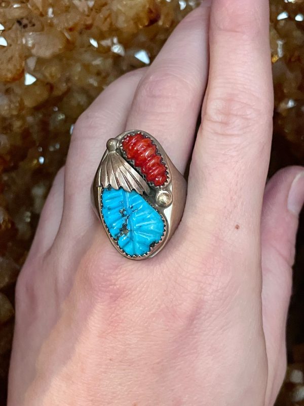 Antique Turquoise & Coral Ring For Discount