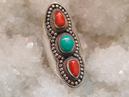 Triple Goddess Coral & Turquoise Ring Online now