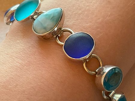 Larimar, Blue Quartz, Sea Glass & Sterling Silver Bracelet For Sale