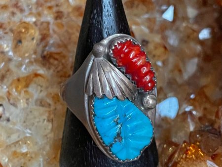 Antique Turquoise & Coral Ring For Discount