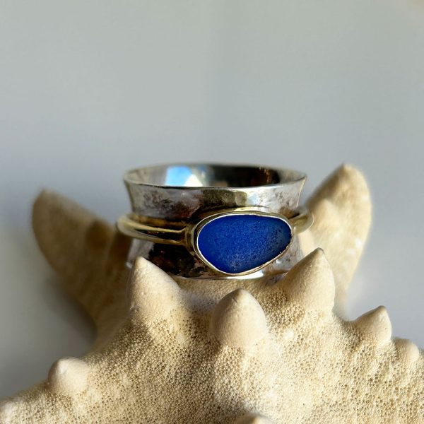 Beautiful Cobalt Sea Glass, Gold, & Sterling Silver Spinner Ring Online