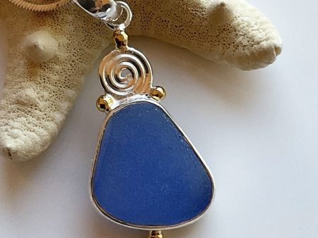 Gold and Sterling silver Cornflower Genuine Sea Glass Pendant Sale