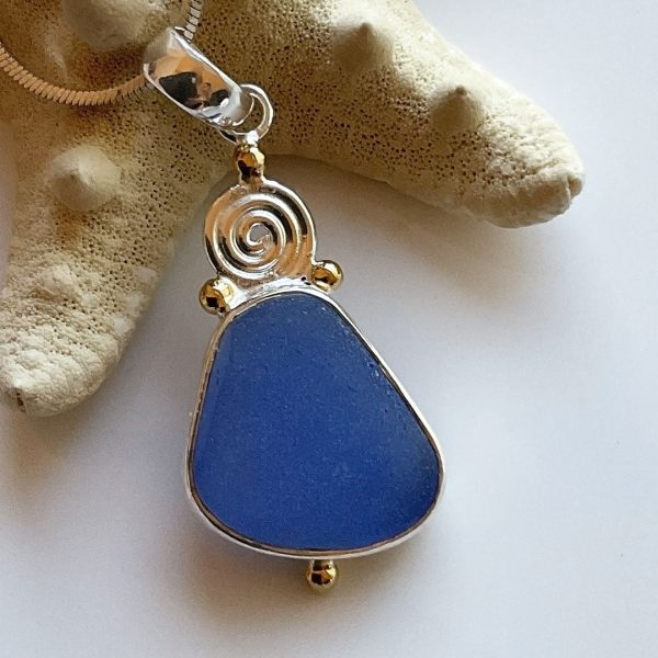 Gold and Sterling silver Cornflower Genuine Sea Glass Pendant Sale