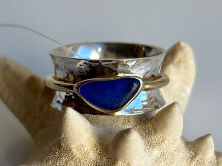 Beautiful Cobalt Sea Glass, Gold, & Sterling Silver Spinner Ring Fashion