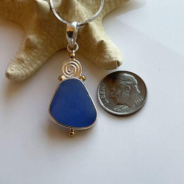 Gold and Sterling silver Cornflower Genuine Sea Glass Pendant Sale