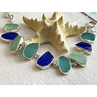 Cobalt Green Shades of Genuine Sea Glass & Sterling Silver Bracelet Sale