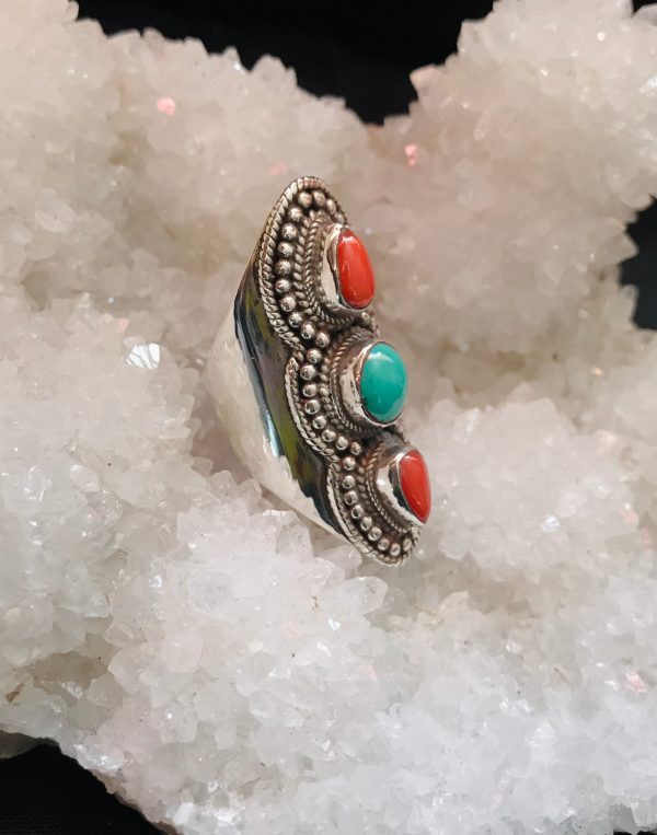 Triple Goddess Coral & Turquoise Ring Online now