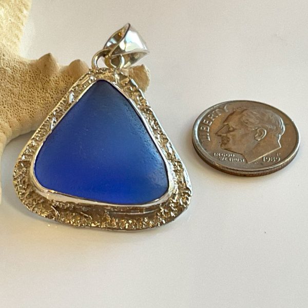 One-of-a-kind Cornflower Cobalt Sea Glass and Sterling Silver Pendant For Cheap