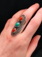 Triple Goddess Coral & Turquoise Ring Online now