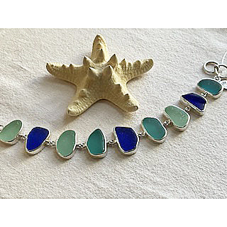 Cobalt Green Shades of Genuine Sea Glass & Sterling Silver Bracelet Sale