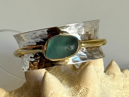 Genuine Sea Glass, Gold, & Sterling Silver Spinner Ring Hot on Sale