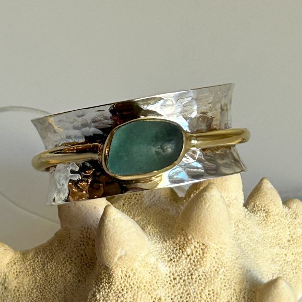 Genuine Sea Glass, Gold, & Sterling Silver Spinner Ring Hot on Sale