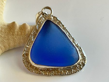 One-of-a-kind Cornflower Cobalt Sea Glass and Sterling Silver Pendant For Cheap