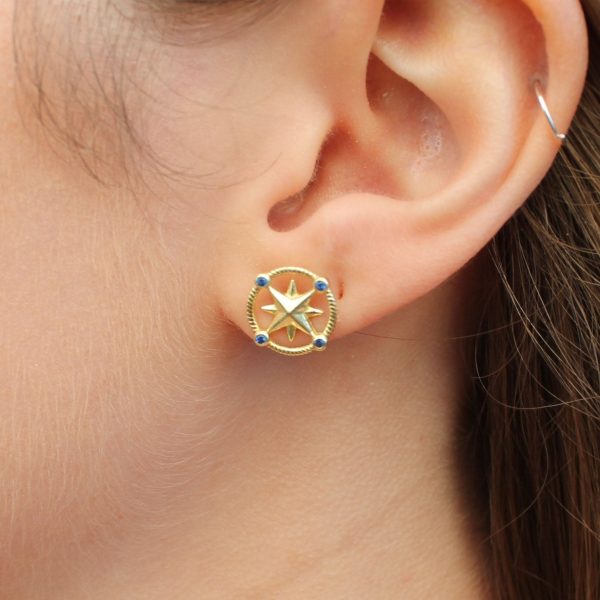 Gold Compass Rose with Sapphire Earrings For Sale