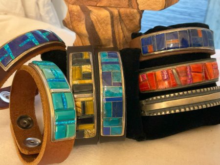 Zuni Inlaid Leather Bracelets. Different Combinations Include: Turquoise, Opal, Landscape Jasper, Spiney Oyster, Tiger Eye, and Jet (Each Sold Separately) Online