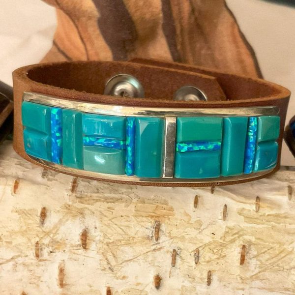 Zuni Inlaid Leather Bracelets. Different Combinations Include: Turquoise, Opal, Landscape Jasper, Spiney Oyster, Tiger Eye, and Jet (Each Sold Separately) Online