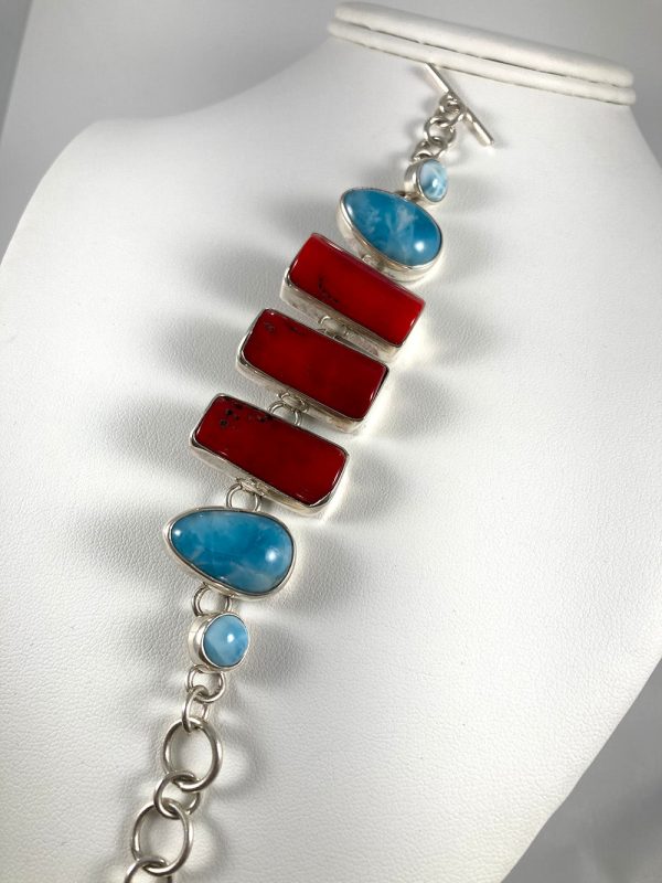 Bamboo Coral, Larimar & Sterling Silver Bracelet Online now