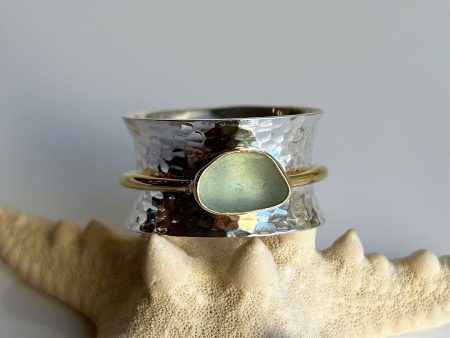 Beautiful Green Sea Glass, Gold, & Sterling Silver Spinner Ring Discount