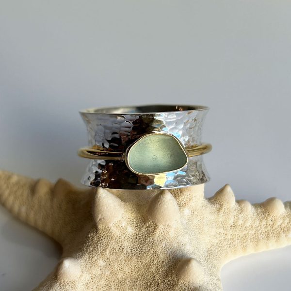 Beautiful Green Sea Glass, Gold, & Sterling Silver Spinner Ring Discount