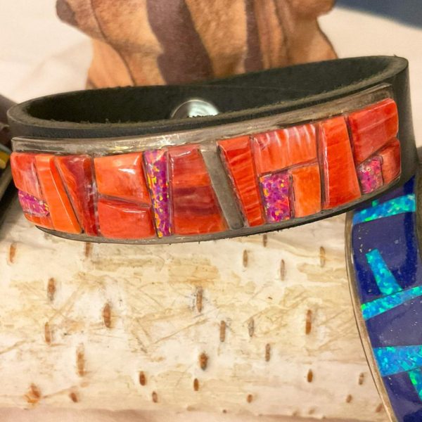 Zuni Inlaid Leather Bracelets. Different Combinations Include: Turquoise, Opal, Landscape Jasper, Spiney Oyster, Tiger Eye, and Jet (Each Sold Separately) Online