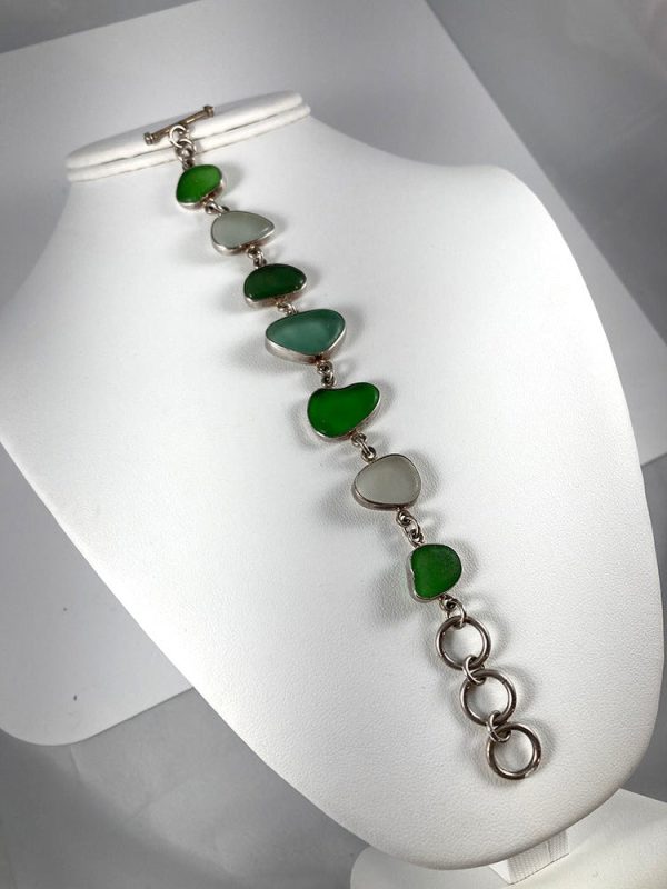 Green Sea Glass & Sterling Silver Bracelet Discount