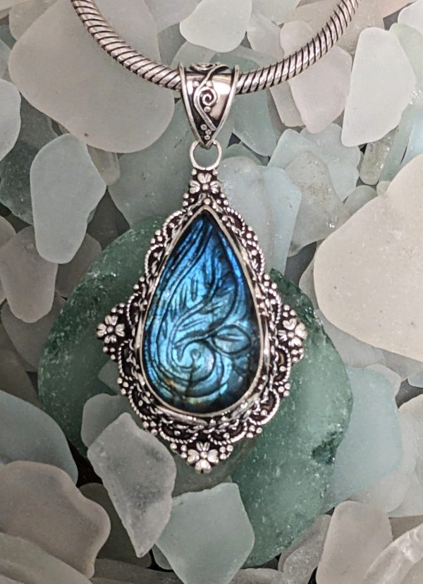 Enchanting Labradorite and Carved Sterling Silver Pendant Discount