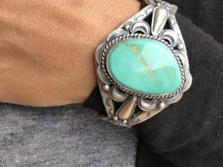 Turquoise & Sandcast Sterling Silver Bracelet Online Hot Sale